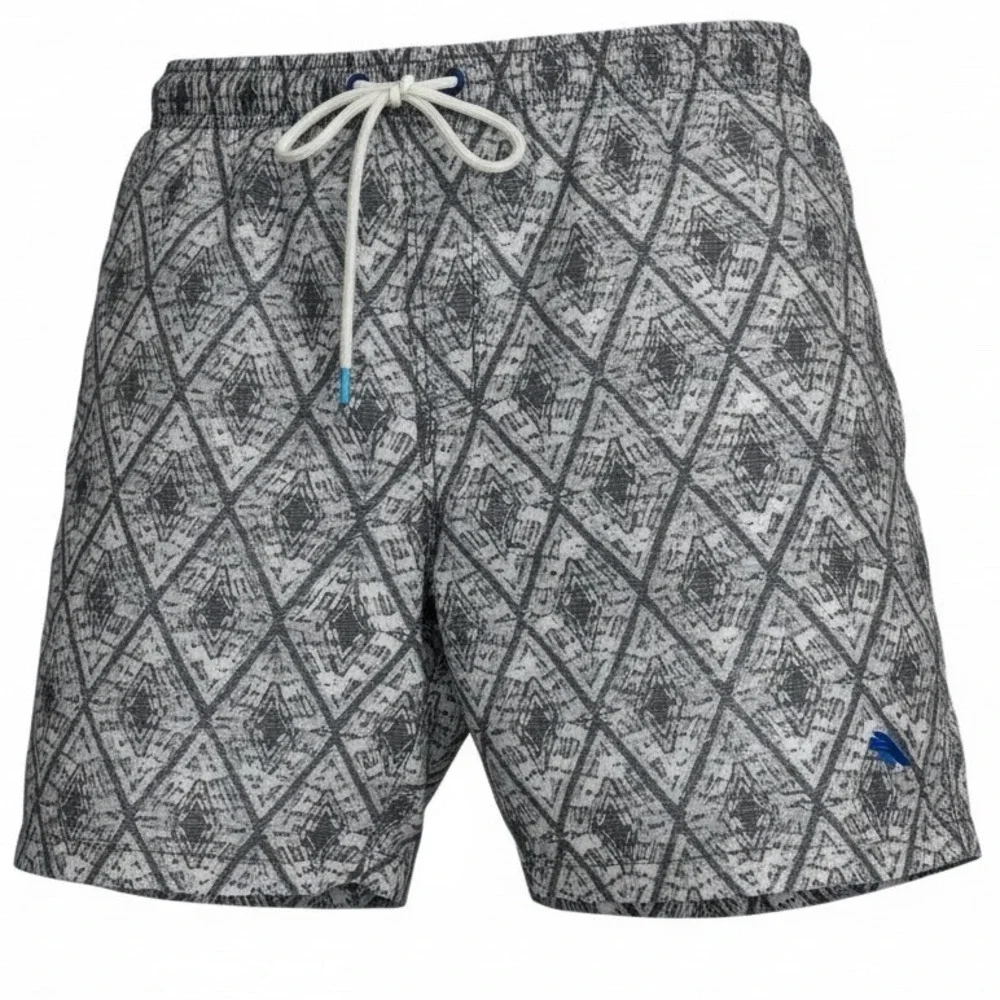 Tommy Bahama Men's Swim Trunks Size L Geometric Print Elastic‎ Waist Blue Logo